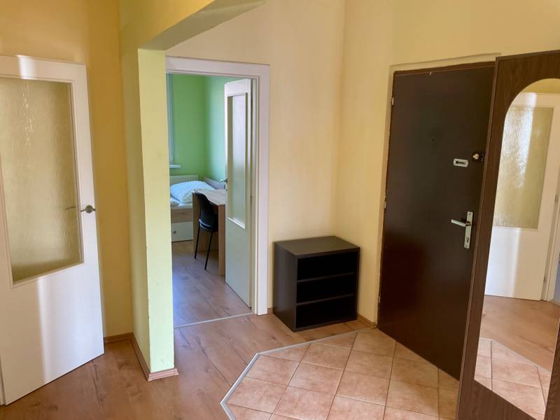 Flur mit dunklen Türen, Boden mit Holzdekor, Blick ins Zimmer.