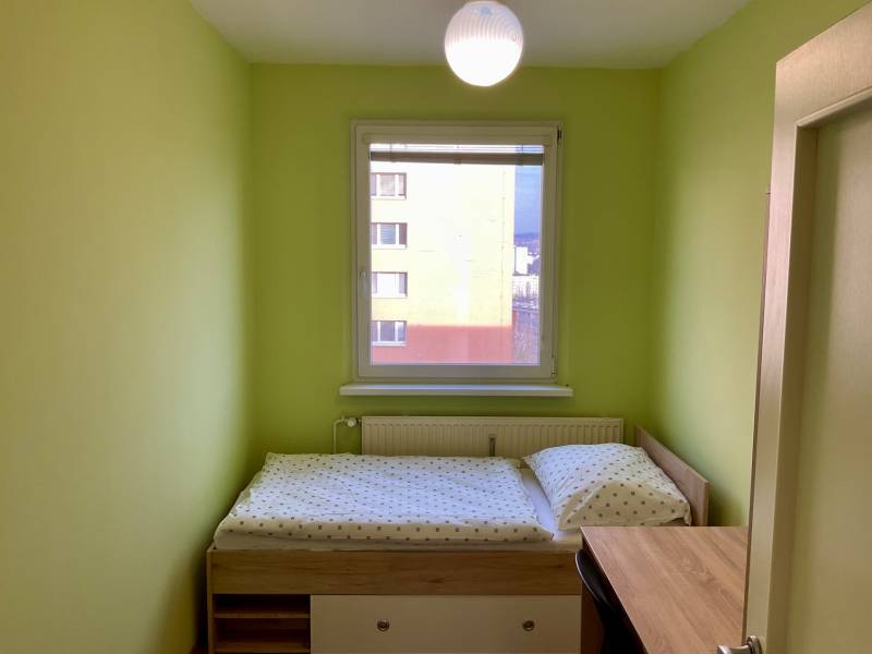 Ein Zimmer in einer 3-Zimmer-Wohnung mit grünen Wänden, einem Bett und einem Fenster.