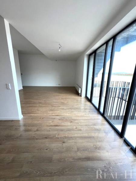 Wohnzimmer in einer Zweizimmerwohnung mit Holzboden und großen Fenstern.