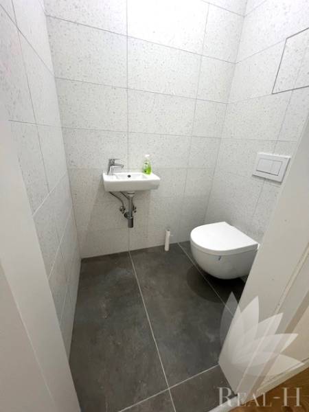 Kleines Badezimmer in einer 2-Zimmer-Wohnung mit Toilette, Waschbecken und grauen Fliesen.