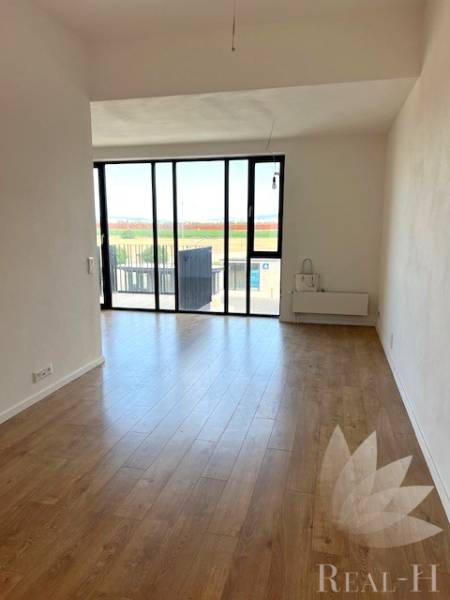 Helles Wohnzimmer mit großen Fenstern und Holzboden in einer 2-Zimmer-Wohnung.