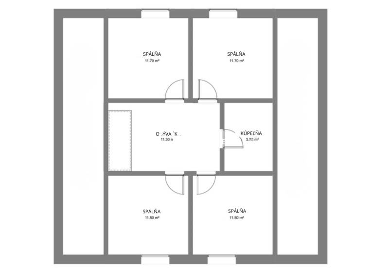 Grundriss eines Einfamilienhauses mit drei Schlafzimmern, einem Wohnzimmer und einem Badezimmer.