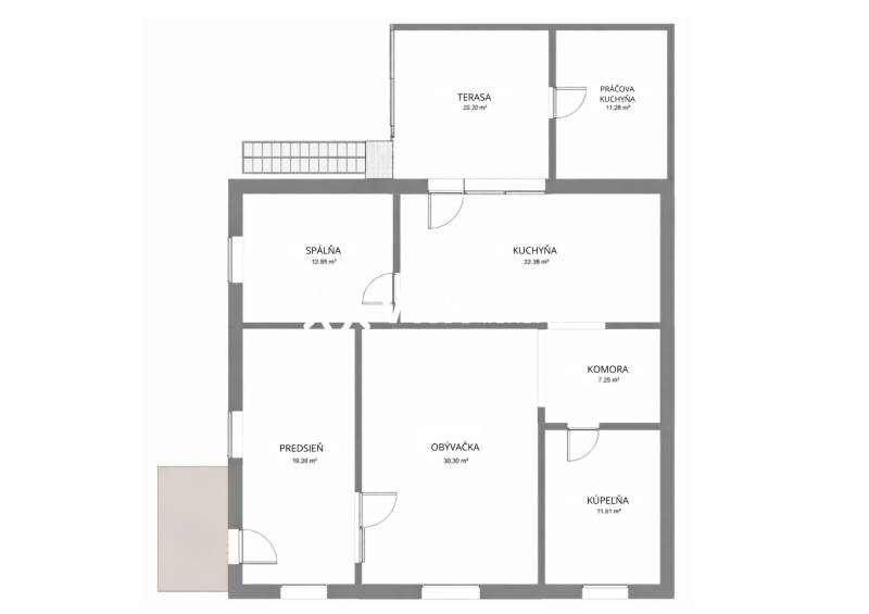 Grundriss eines Einfamilienhauses in Hernádkaki mit Schlafzimmer, Wohnzimmer, Küche, Terrasse und Badezimmer.