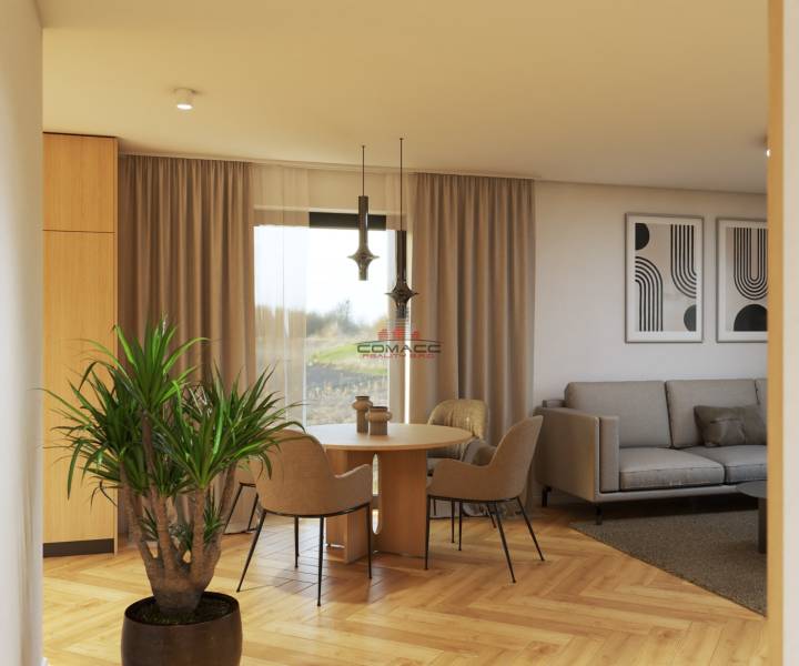 Das Innere des Einfamilienhauses in der Špačince-Straße enthält einen Esstisch, ein Sofa und dekorative Pflanzen.