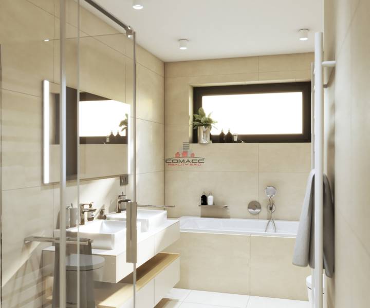 Auf der Straße Špačince ist ein Einfamilienhaus mit einem eleganten Badezimmer, einer Badewanne und einem Waschbecken zu sehen.