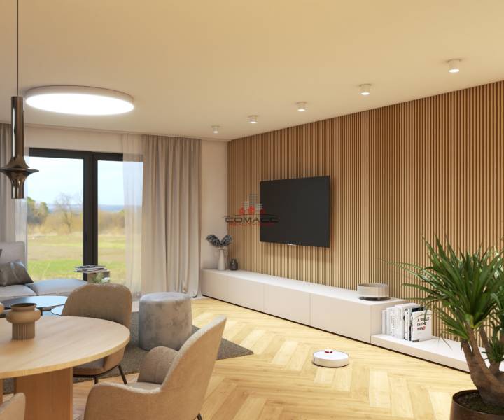 Helles Wohnzimmer in der Straße Špačince, komfortables Design eines Einfamilienhauses mit Holzelementen.