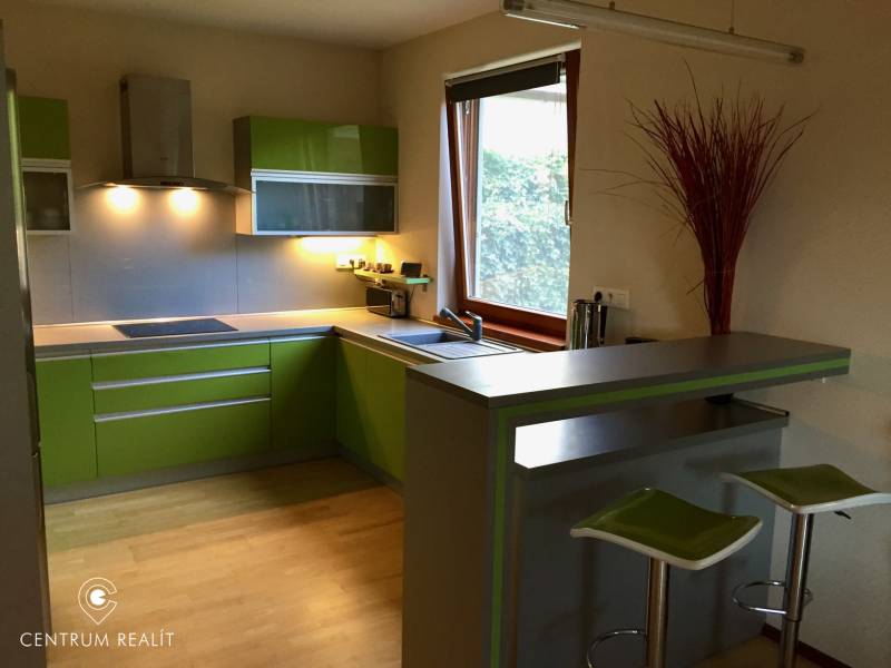 Küche in einem Einfamilienhaus mit grünen Schränken und einer Bar, Boden mit Holzdekor.