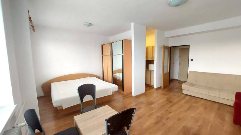 Einzimmerwohnung mit Holzboden, Bett, Sofa und Schrank.