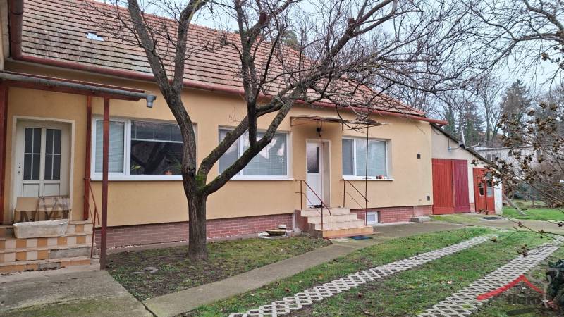 Ein Einfamilienhaus in der Straße in Nová Ves nad Žitavou mit rotem Dach und einem Baum vorne.