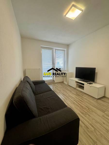 Wohnzimmer in einer Zweizimmerwohnung mit Sofa, Fernseher und Holzboden.