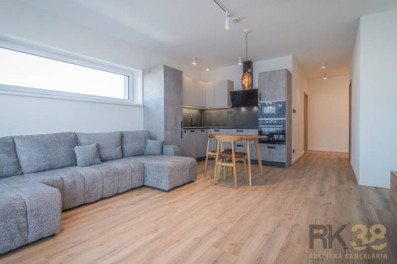 Wohnzimmer in einer Zweizimmerwohnung mit grauem Sofa und Küche mit Holzmöbeln.