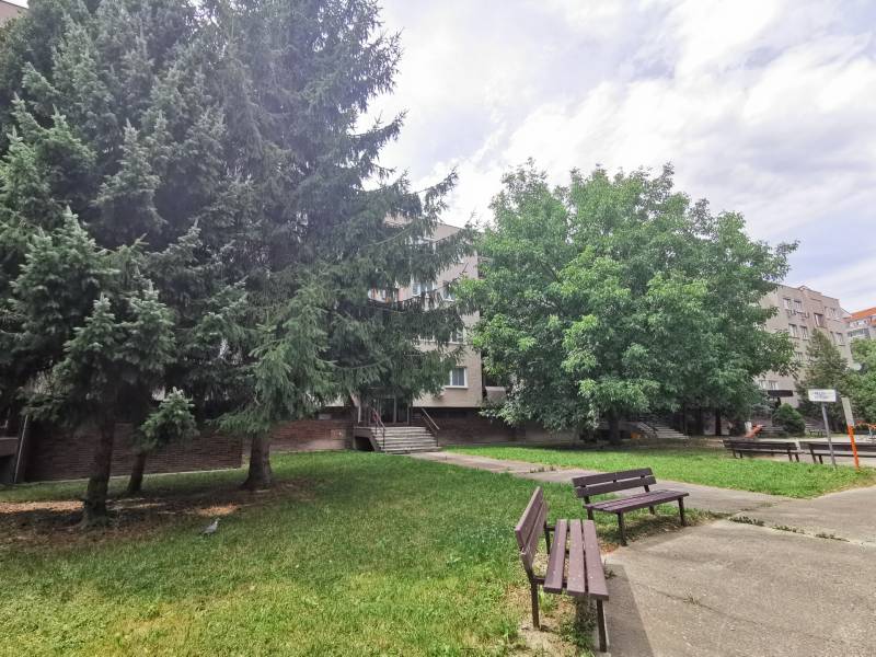 Parkbänke und Bäume vor einem Wohnhaus in Bratislava - Podunajské Biskupice in der Priekopnícka-Straße.