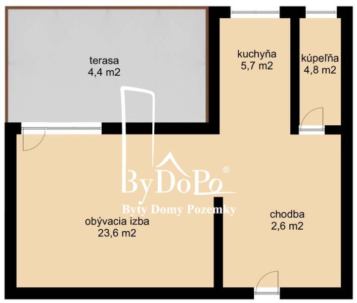 Grundriss einer 1-Zimmer-Wohnung mit Terrasse, Küche, Badezimmer, Flur und Wohnzimmer.