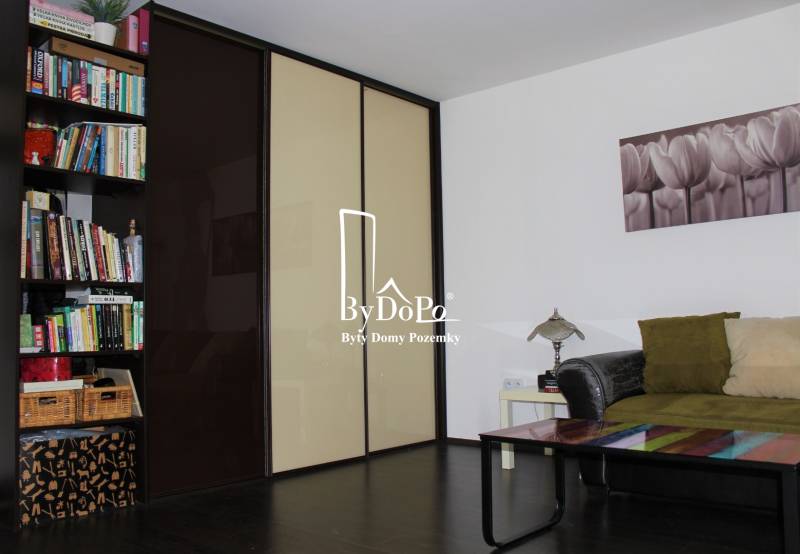 Wohnbereich in einer Einzimmerwohnung mit Bücherregal und Boden in Holzoptik.