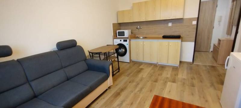 Wohnzimmer in einer Einzimmerwohnung mit Sofa, Küchenzeile und Boden in Holzoptik.