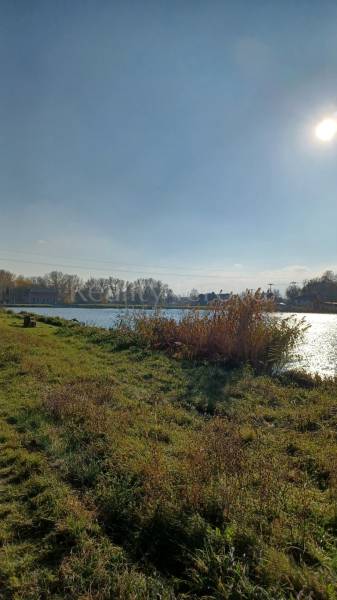 Der Fluss in Mostová, umgeben von landwirtschaftlichen und forstwirtschaftlichen Flächen, die Sonne über dem Horizont.