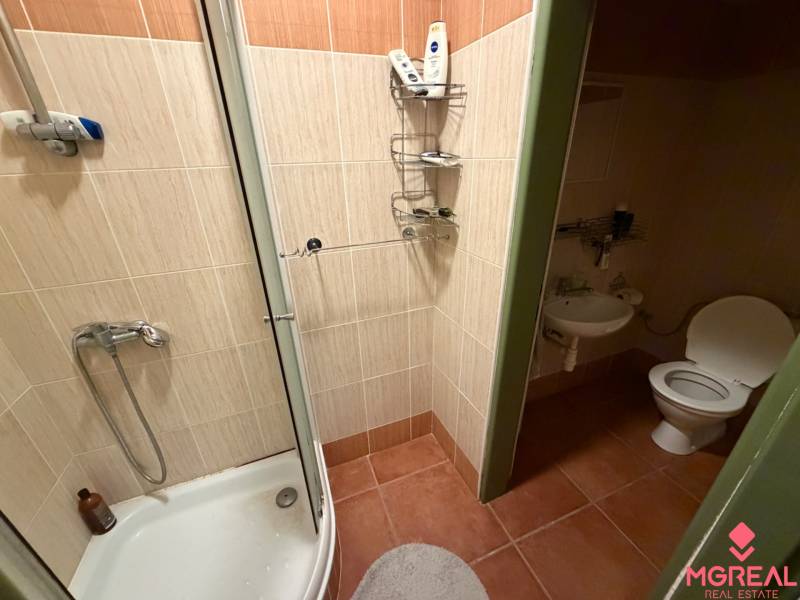 Badezimmer in einem Einfamilienhaus mit Fliesen, Dusche und WC ohne Fenster.