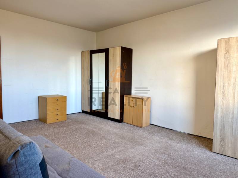 Ein Zimmer in einer Einzimmerwohnung mit einer Kommode, einem Schrank und einem Teppich auf dem Boden.