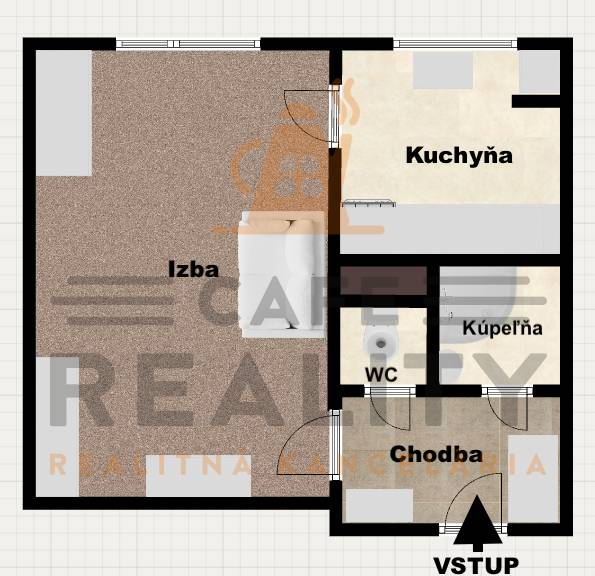 Grundriss einer 1-Zimmer-Wohnung mit der Anordnung von Zimmer, Küche, Bad, WC und Flur.