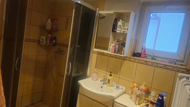 Ein Badezimmer in einem Einfamilienhaus mit Fliesen, einer Duschkabine und Kosmetikartikeln auf den Regalen.