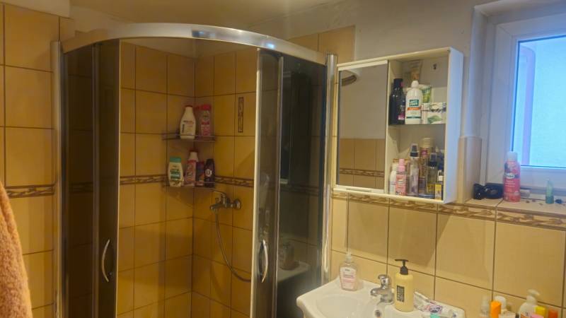 Badezimmer mit einer Eckdusche und einem Spiegelschrank, Einfamilienhaus.