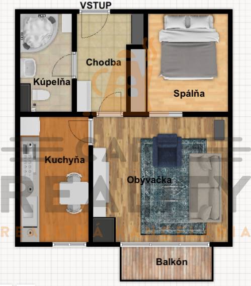 Grundriss einer 2-Zimmer-Wohnung mit Wohnzimmer, Küche, Badezimmer und Balkon.