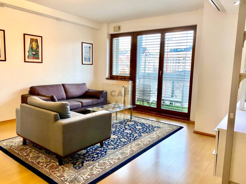 Wohnzimmer mit Sofa, Sessel, Teppich und großem Fenster in einer Zweizimmerwohnung.