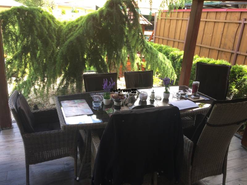 Einfamilienhaus mit Sitzbereich auf der Terrasse, einschließlich Bodenbelag in Holzoptik und Gartenbegrünung.