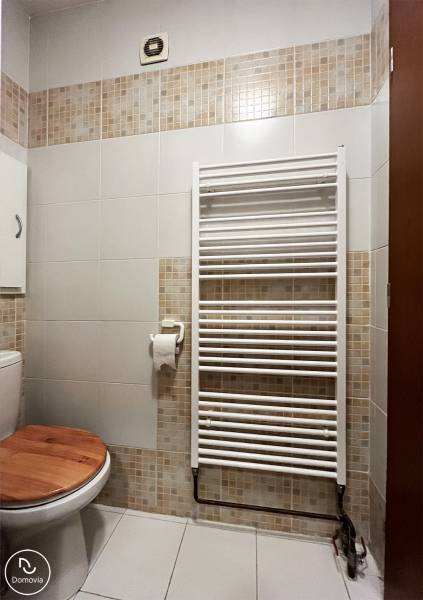 Badezimmer in einer Einzimmerwohnung, mit weißen und Mosaikfliesen, Handtuchheizkörper und Toilette.