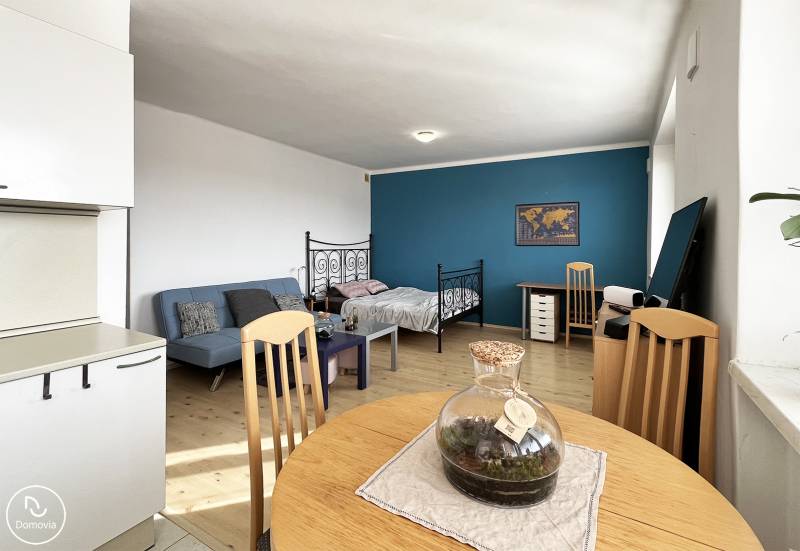 Innenraum einer Einzimmerwohnung mit Holzboden, Sofa und Schreibtisch.