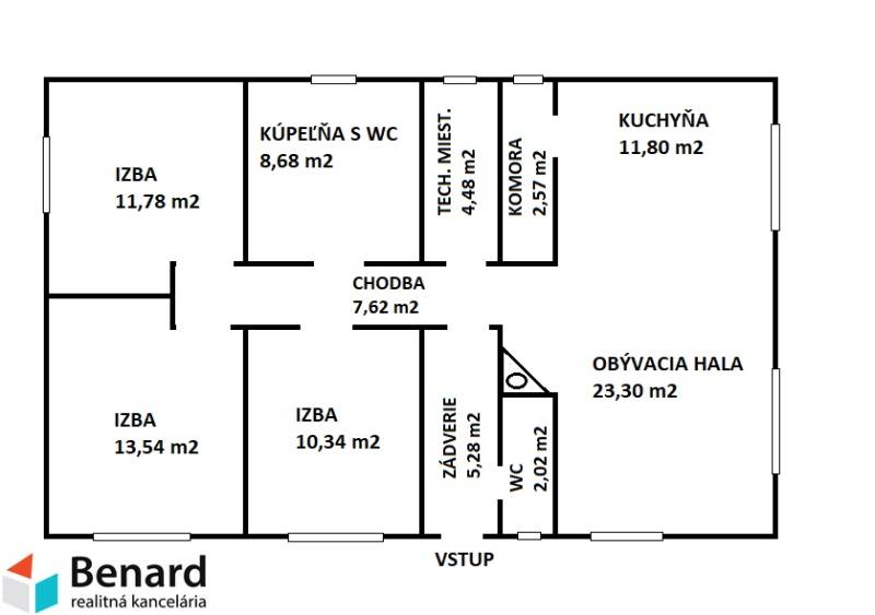 Grundriss eines Einfamilienhauses mit vier Zimmern, einem Badezimmer, einer Küche und einer Wohnhalle.