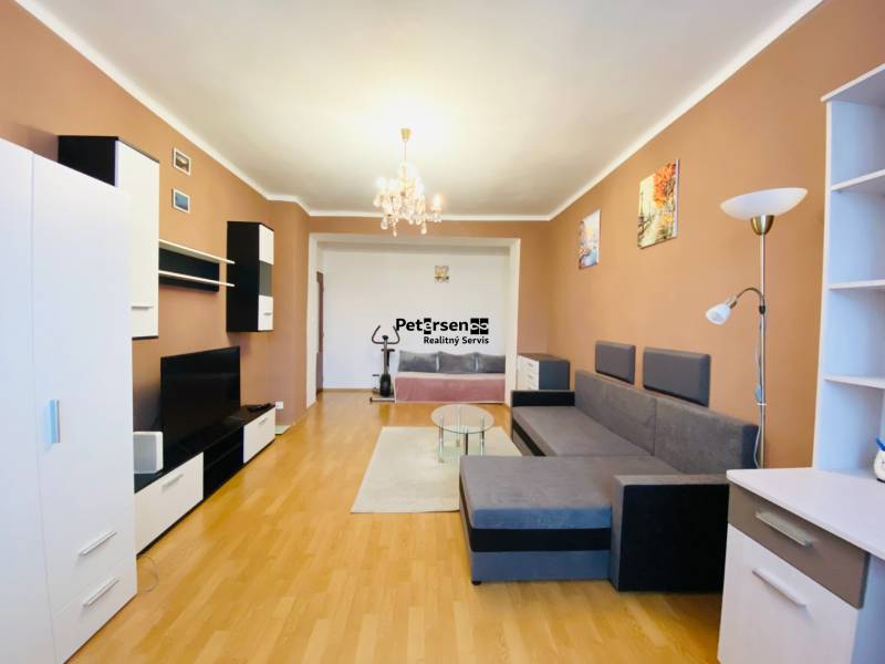 Wohnzimmer in einer Zweizimmerwohnung mit Holzboden, Sofa und Fernseher.