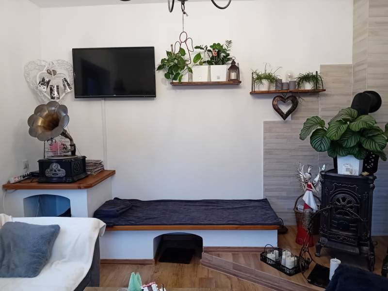 Innenraum eines Einfamilienhauses mit Kamin, Plattenspieler und Dekorationen auf einem Boden mit Holzdekor.