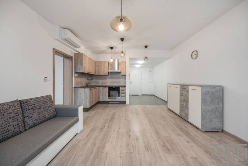 Wohnzimmer mit Küche und Holzboden in einer 2-Zimmer-Wohnung.