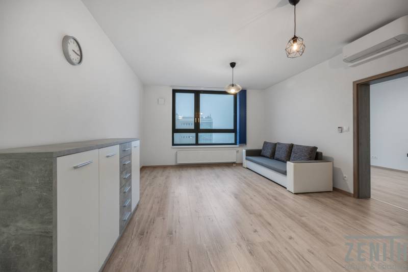 Wohnzimmer in einer Zweizimmerwohnung mit Sofa und Holzboden.