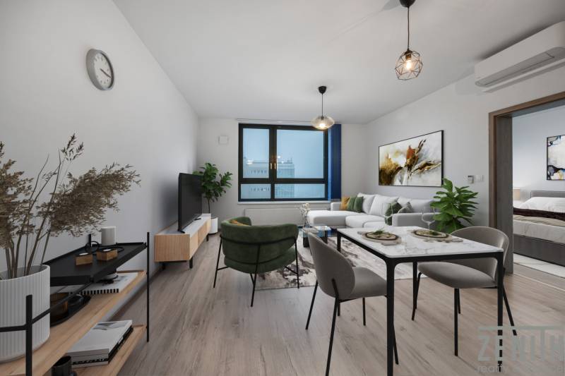 Wohnzimmer mit Sofa und Esstisch in einer 2-Zimmer-Wohnung, Boden mit Holzdekor.