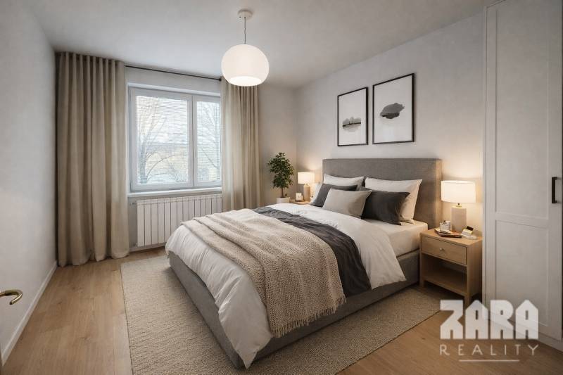 Ein Schlafzimmer in einer 3-Zimmer-Wohnung mit einem Doppelbett und einem Boden in Holzoptik.