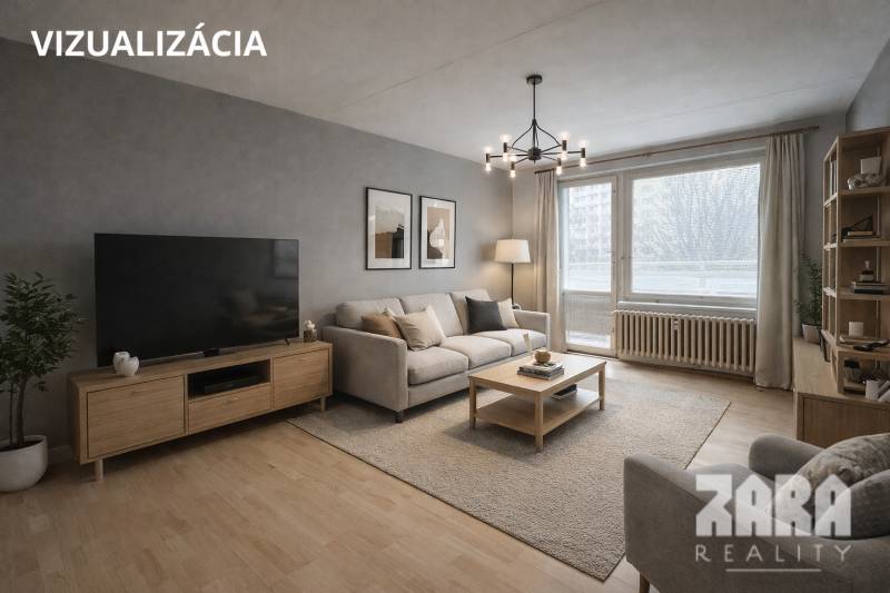 Wohnzimmer in einer 3-Zimmer-Wohnung mit Holzboden, Sofa und Fernseher.