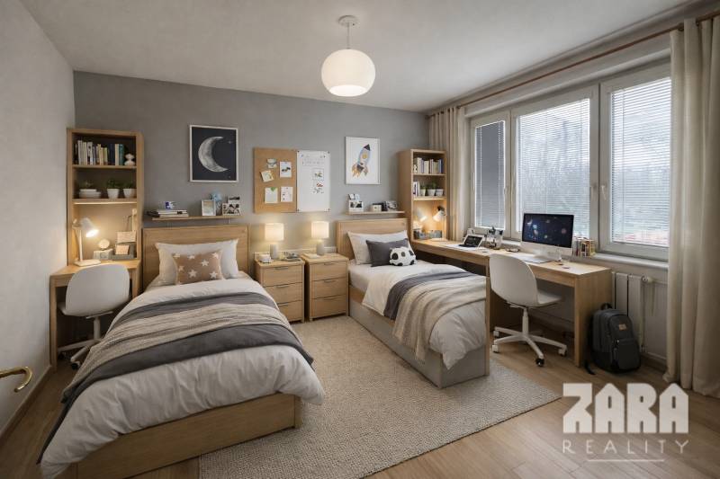 Ein Doppelzimmer in einer 3-Zimmer-Wohnung mit Holzboden und Schreibtischen.