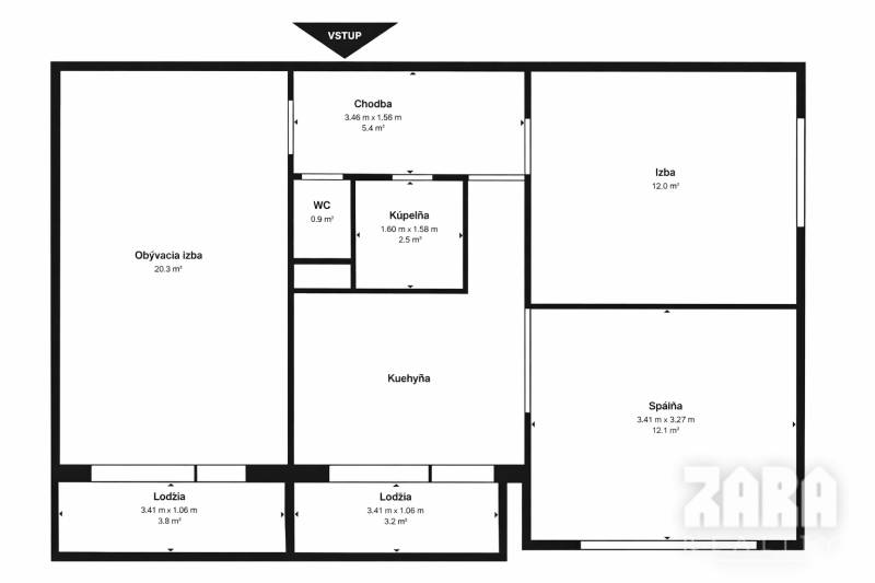 Grundriss einer 3-Zimmer-Wohnung mit Wohnzimmer, Küche, Badezimmer, WC und zwei Loggien.