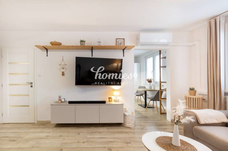 Wohnzimmer in einer Zweizimmerwohnung mit Fernseher, Holzboden.