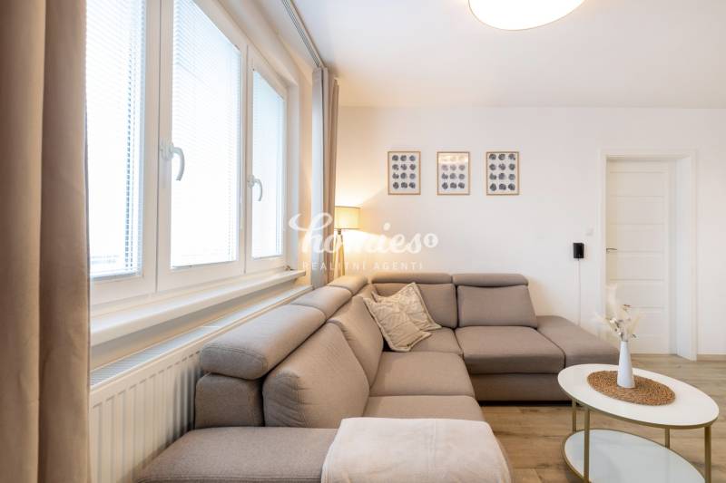 Wohnzimmer in einer Zweizimmerwohnung mit einem bequemen Sofa und Wanddekorationen.