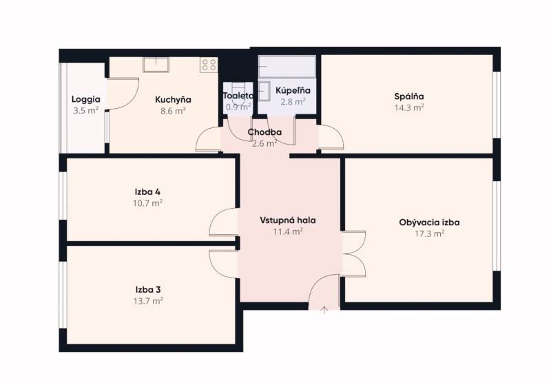 Grundriss einer 4-Zimmer-Wohnung mit Küche, Badezimmer und Loggia, geeignet für eine Familie.