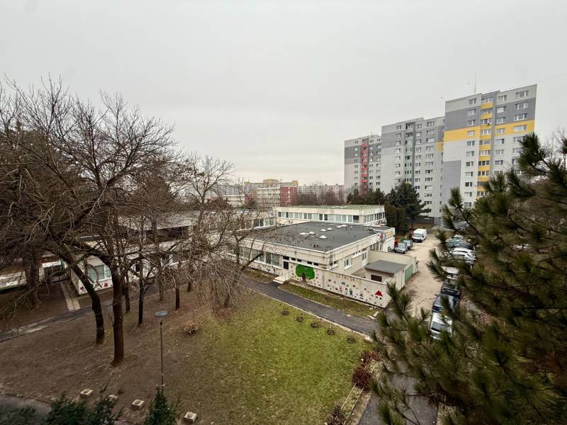 Blick auf die Siedlung Bratislava - Lúky, umgeben von Grünflächen und Plattenbauten.