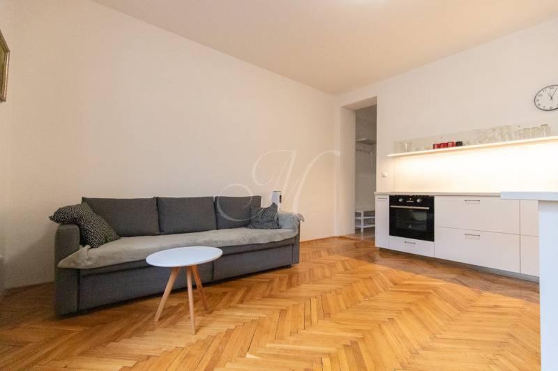 Wohnzimmer in einer Zweizimmerwohnung mit Sofa, Küchenzeile und Holzboden.