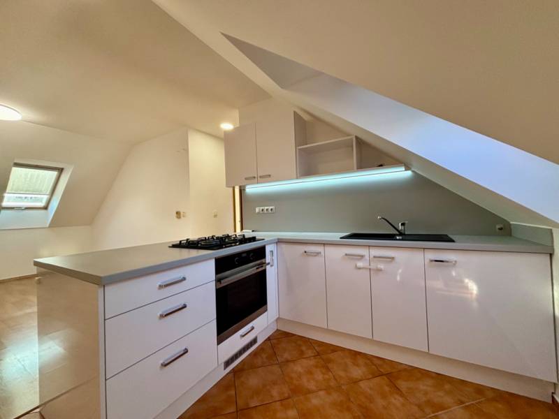 Helle Küche mit Dachfenster, Eckarbeitsplatte und Keramikfliesen in einer Zweizimmerwohnung.