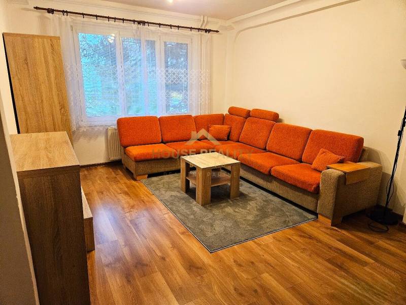 Wohnzimmer mit einem orangefarbenen Sofa und einem Boden in Holzoptik in einer 3-Zimmer-Wohnung.