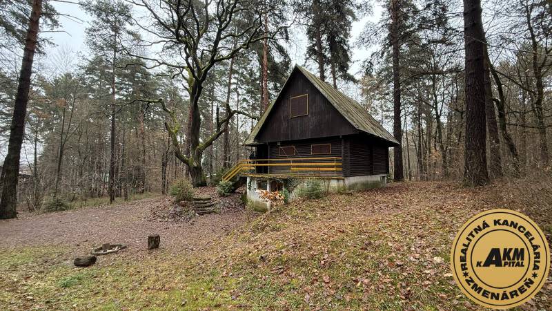 Eine Hütte im Wald mit Holzelementen bei Kováčová, umgeben von Bäumen und Natur.
