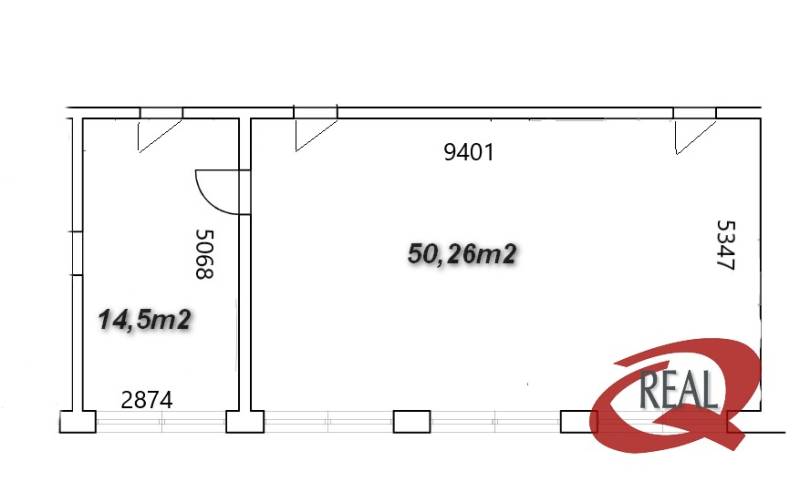 Grundriss eines Büros mit einer Fläche von 64,76 m², aufgeteilt in zwei Räume.
