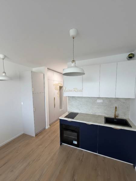 Die Küche des Einzimmerapartments mit hellen Schränken, grauer Arbeitsplatte und einem Boden in Holzoptik.